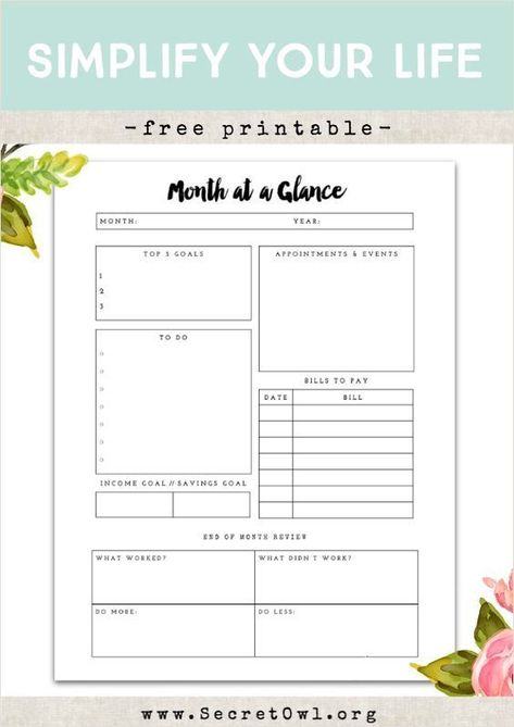 Secret OWL Society: Free Printable - Month at a Glance Goals For The Month, Month At A Glance, Digital Bullet Journal, Blank Calendar Template, Command Center, Planner Printables Free, Free Planner, Planning Printables, Diy Planner