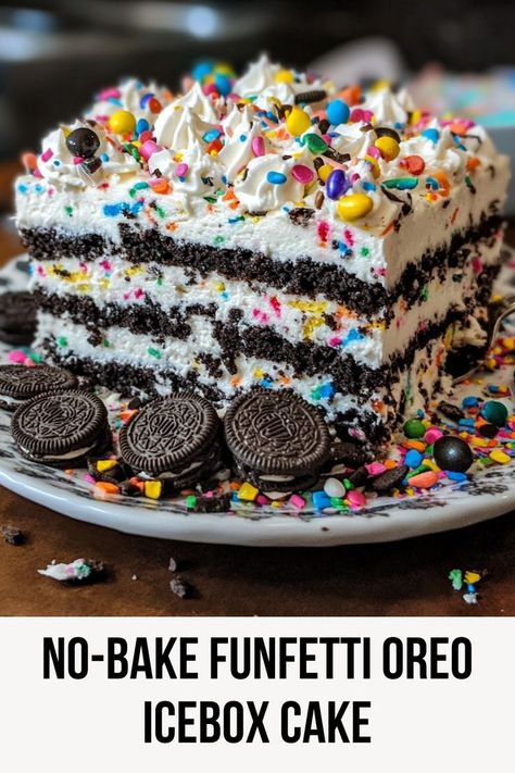 Ingredients 2 packages birthday cake Oreos (regular or Double Stuf) 2/3 cup milk 1¾ cups heavy whipping cream... Birthday Cake Oreos, Oreo Party, Funfetti Oreo, Oreo Icebox Cake, Oreo Birthday Cake, Icebox Cake, Cupcakes Recipe, Comfort Dishes, White Cake Mixes