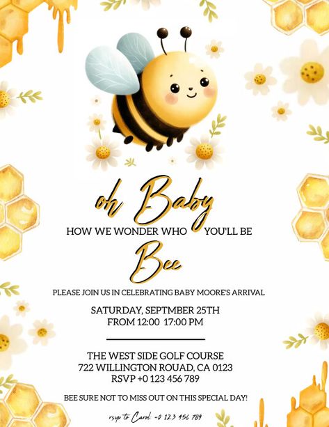 5,790+ Free Templates for 'Bee baby shower invitation' Birthday Party Invite Template, Free Baby Shower Invitations, Bee Baby Shower Invitations, Bee Birthday Party, Free Baby Shower, Baby Shower Invitaciones, Bee Birthday, Bee Baby, Birthday Party Invite