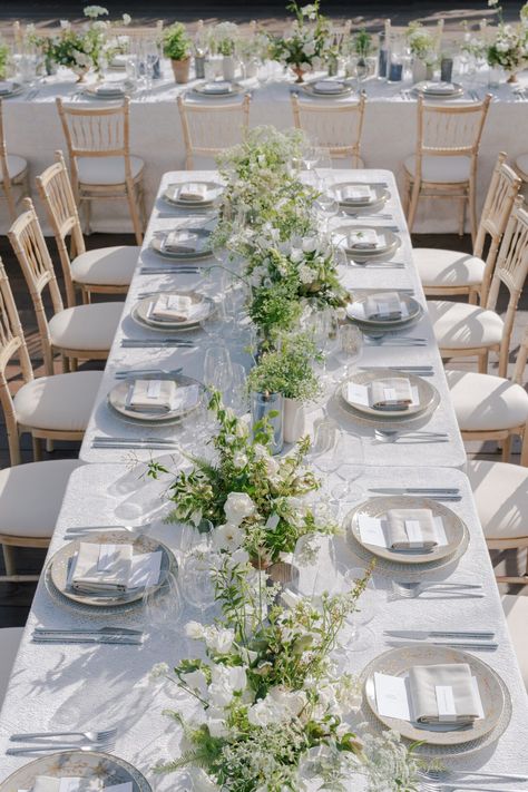 Inspired by the couple’s love of the outdoors, our romantic greenhouse wedding featured long tables overflowing with green & white florals and rustic garden accents. Event Planning & Design by HauteFêtes | Photography by Laura Gordon | Floral Design by Plenty of Petals | Inn at Rancho Santa Fe | Rancho Santa Fe Wedding Brunch Reception, Green Tablescape, Table Floral Arrangements, Garden Reception, Reception Tables, Greenhouse Wedding, Future Wedding Plans, Garden Accents, Brunch Wedding