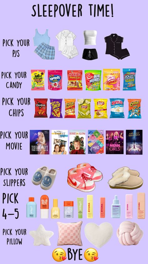 Pick ur perfect sleepover Sleepover Packing List, Perfect Sleepover, Fun Sleepover Activities, Sleepover Essentials, Fun Sleepover Games, Birthday Sleepover Ideas, Making A Gift Basket, Girly Christmas Gifts, Home Alone Movie