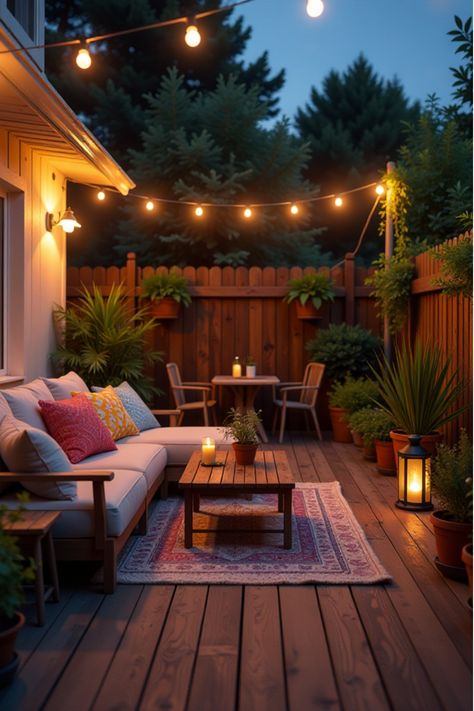 Cozy backyard patio with DIY deck, string lights, and potted plants at dusk Backyard Ideas For Renters, Budget Backyard Patio, Tiny Backyard Ideas, Diy Decks, Patio Extension Ideas, Patio Small Backyard, Diy Backyard Projects, Cute Backyard, Small Outdoor Patios