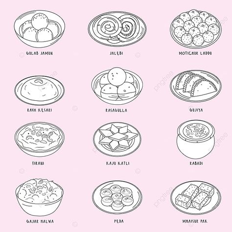 Food Drawing Easy, Indian Food Items, Scrapbook Recipe Book, Scrapbook Recipe, Indian Drawing, Diwali Drawing, Cake Pattern, Pattern Illustrations, 1 Worksheet