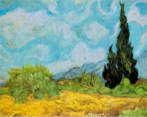 A Wheatfield with Cypresses (also known as “A Cornfield, with Cypresses” 1889. Van Gogh painted three versions of this theme. This one here is a smaller and less accomplished studio version he sent it to his mother and sister as a gift. The paintings were inspired by the view from the window at the asylum towards the Alpilles mountains. Wheatfield With Cypresses, Loving Vincent, Masters Paintings, Artist Van Gogh, Vincent Willem Van Gogh, Art Van Gogh, Oil Painting Inspiration, The Asylum, Calm Waters