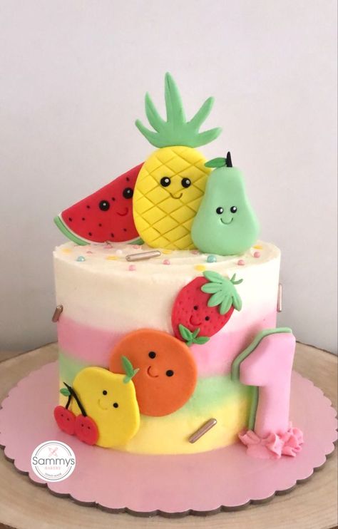 Fruit Fondant Cake, Tooty Fruity Birthday Cake, Fruit Themed Cake 2nd Birthday, Fruit Theme 1st Birthday Party, Hey Bear First Birthday Cake, Fruit Cake Ideas Birthday, Tutti Fruitti Cake, Fruit Themed Smash Cake, Fruits Theme Cake