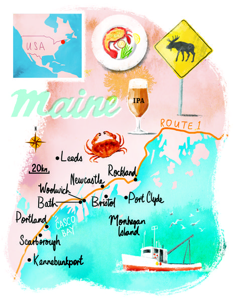 Maine map by Scott Jessop. June 2015 issue Rockland Maine, Maine Map, Illustrated Maps, Maine Lighthouses, Travel Art Journal, Inspired Illustration, Map Illustration, Maine Travel, Maine Usa