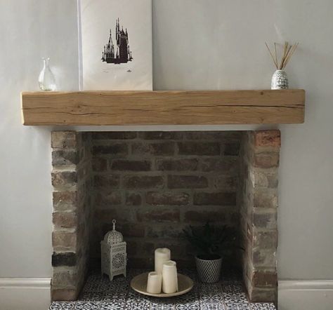 Oak Mantle Shelf, Empty Fireplace Ideas, Oak Beam Fireplace, Mantel Beam, Wooden Mantelpiece, Exposed Brick Fireplaces, Beam Mantel, Oak Mantle, Fireplace Shelf