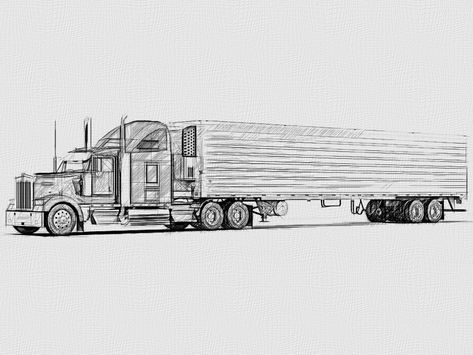 Tractor Trailer Drawing, Trailer Tattoo, Semi Truck Drawing, Trailer Drawing, Dad Memorial Tattoo, Truck Tattoo, Petit Tattoo, Automotive Illustration, Bike Illustration