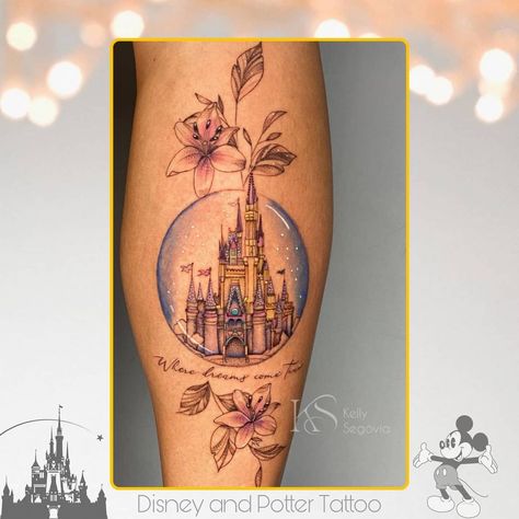 Elegant Disney Tattoo, Disneyworld Castle Tattoo, Disney Floral Tattoo, Disney World Tattoo, Disneyland Tattoo, Castle Tattoos, Disney Castle Tattoo, Lovely Tattoo, Disney Sleeve Tattoos