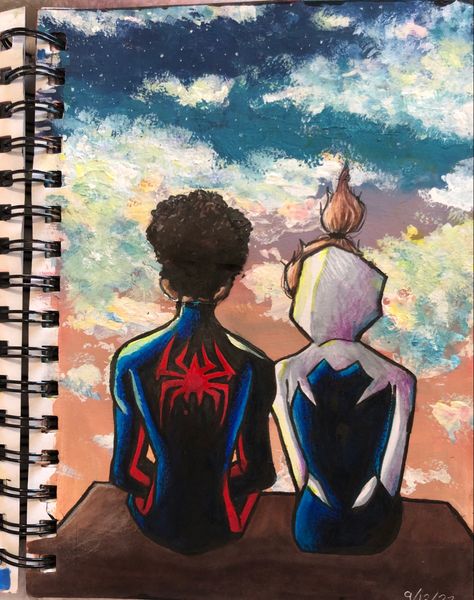 Spiderman And Gwen Painting, Miles Morales Sketchbook Gwen, Gwen And Spiderman Drawing, Gwen And Miles Sketch, Miles And Gwen Sketch, Spiderman And Spider Gwen Drawing, Spidergwen Drawing Sketches, Spiderman Across The Spider Verse Draw, Batman And Spiderman Drawing