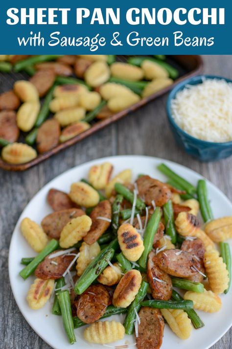 This Sheet Pan Gnocchi with Sausage and Green Beans recipe is a quick, healthy dinner the whole family will love. Ready in 20 minutes and easy to customize with your favorite veggies. Chicken Sausage And Gnocchi, Sheet Pan Gnocchi With Sausage, Gnocchi And Sausage, Sausage Sheet Pan Dinner, Gnocchi With Sausage, Sausage Sheet Pan, Sheet Pan Gnocchi, Sausage And Green Beans, Pasta With Green Beans