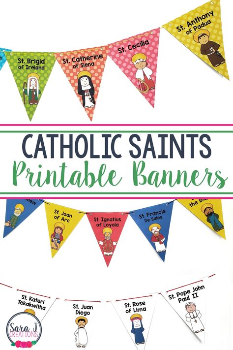 6 different designs/backgrounds to choose from for these adorable Catholic Saint Banners. Perfect for decorating your classroom. Includes over 70 saints plus a mini report option you can add to the back. All Saints Day Free Printables, All Saints Day Decorations, Make Your Own Banner, Catholic Kids Activities, Saints For Kids, Teacher Magazine, Catholic Schools Week, Types Of Prayer, Mother Teresa Quotes