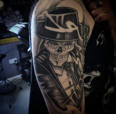 Skulduggery Pleasant from the skulduggery pleasant books by Sam Adamson from Subliminal Studios in Glasgow Scotland Skullduggery Pleasant Tattoo, Skullduggery Pleasant, Skulduggery Pleasant, Trending Tattoos, R Tattoo, Glasgow Scotland, Glasgow, Portrait Tattoo, Scotland