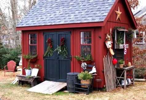 Red shed Storage Shed Makeover, Backyard Storage Shed, Red Shed, Shed Makeover, She Shed Ideas, Backyard Storage Sheds, Garden Shed Ideas, Wood Shed Plans, Backyard Storage