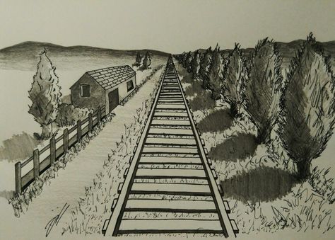 Railtrack one point Railroad Drawing, Train Tracks Drawing, Background Drawing Reference, Train Background, Railroad Art, Concept Sketches, Background Drawing, Drawing Simple, 7th Grade