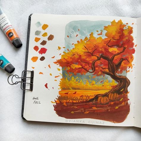 Fall Tree Illustration, Windy Painting, Autumn Gouache Painting, Fall Art Inspiration, Fall Gouache Painting, Fall Drawings Autumn, Paint On Leaves, Fall Art Painting, Vianka Guinaz