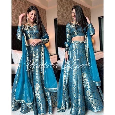 Indian Reception Dress, Indian Skirt And Top, Fancy Lehenga, Brocade Lehenga, Lehenga Choli Designs, Ghaghra Choli, Silk Lehenga Choli, Haldi Outfit, Indian Skirt