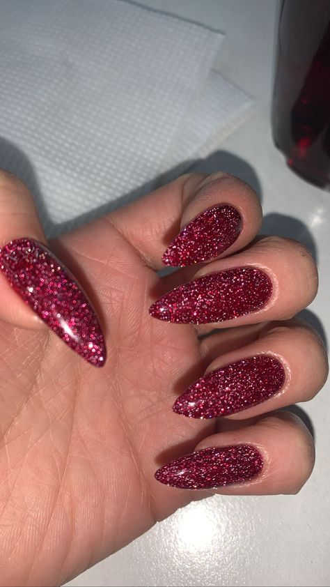 Dark Red Nails With Glitter, Dark Red Glitter Nails, Red Glitter Nails, Red Nails Glitter, Dark Red Nails, Short Acrylic, Dark Nails, Short Acrylic Nails, Red Glitter