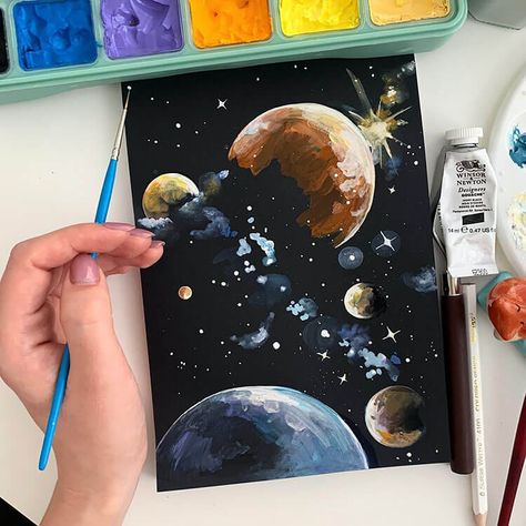 Sky Painting Ideas, Paint Galaxy, Painting With Gouache, Beautiful Dawn, Library Art, Gouache Illustrations, Space Painting, Clay Diy Projects, Learn How To Paint