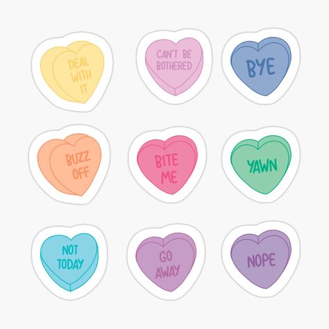 Feminism Stickers, Sweetheart Candy, Office Candy, Pastel Candy, Candy Stickers, Anti Valentines Day, Conversation Hearts, Candy Hearts, Converse With Heart