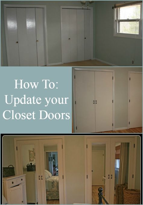 Switch out bi-folding closet doors with new doors for a great diy closet doors makeover! Add mirrors to make the room look larger, to get a great new look! How To Add Mirrors To Closet Doors, Diy Mirror Bifold Closet Doors, Repurpose Folding Closet Doors, Add Mirror To Door, Bifold Mirror Closet Door Makeover, Diy Closet Mirror Doors, Diy Mirrored Closet Doors, Add Mirrors To Closet Doors, Mirror Closet Doors Diy