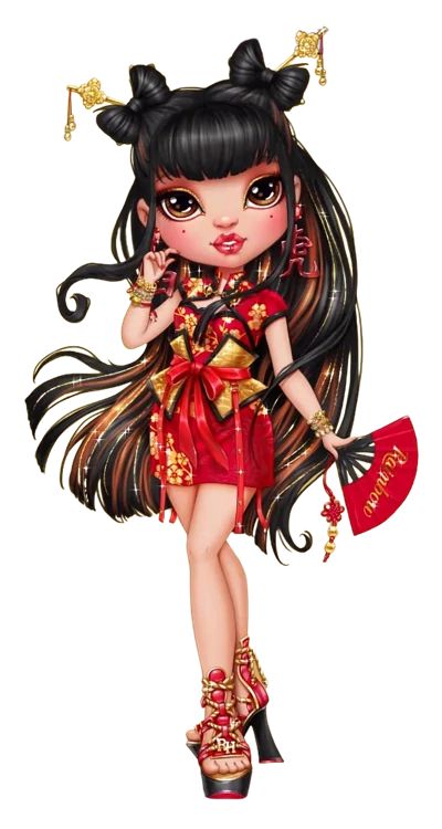 Lily Cheng | Rainbow High Wiki | Fandom Gold Glitter Eyeshadow, Wishlist 2022, Red Eyeliner, High Characters, Red Platform, Family Roots, Exchange Student, Rainbow Fashion, Grey Flowers