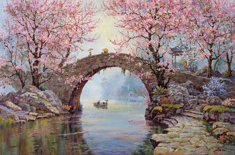 Japan Cherry Blossom, Summer Painting, Landscape Art Painting, Pretty Landscapes, Art Painting Gallery, 수채화 그림, Country Scenes, Arte Inspo, Mystical Art