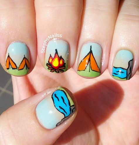 StephsNails: Camping nails Nails For Camp, Camp Nails Ideas, Camp Nails Designs, Campfire Nail Art, Camp Nail Art, Camping Themed Nails, Smores Inspired Nails, Camping Nail Art Design, Summer Camp Nails