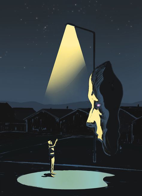 ArtStation - Encounter, Cam Floyd Light And Darkness Illustration, Mysterious Illustration, Psychic Art, Monster Wallpaper, الفن الرقمي, Arte Peculiar, Man Illustration, Street Light, Animation Art