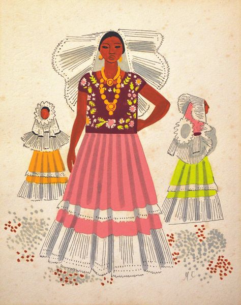 Miguel Cobarrubias (México). "Untilted Tehuanas de Oaxaca, México". Ink on Paper. 1940. Mexico People, Jorge Gonzalez, Ephemeral Art, Mexico History, Heavy Metal Art, Fashion Illustration Vintage, Mexico Art, Mexican Artists, Illustrator Artist