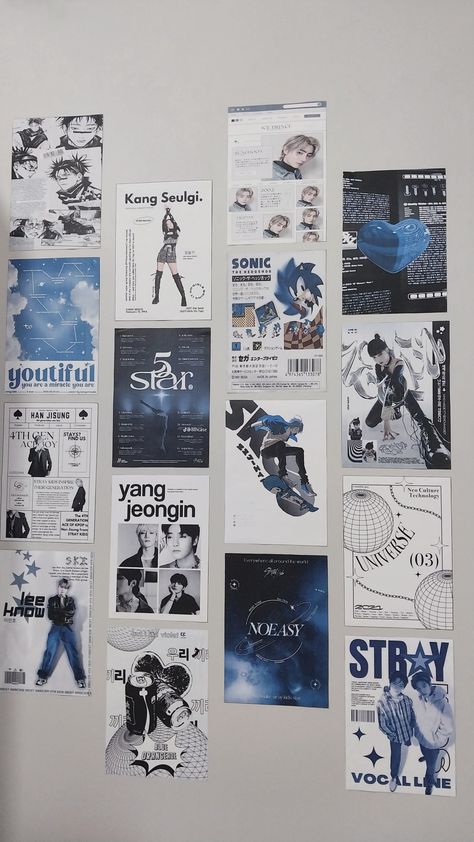 Blue Themed Room Decor, Blue Kpop Poster Prints, Kpop Poster Arrangement Ideas, Blue Aesthetic Posters For Bedroom, Wall Collage Ideas Kpop, Kpop Wall Bedroom, Blue Themed Posters, Room Decor Bedroom Aesthetic Blue, Anime Wall Ideas Bedroom