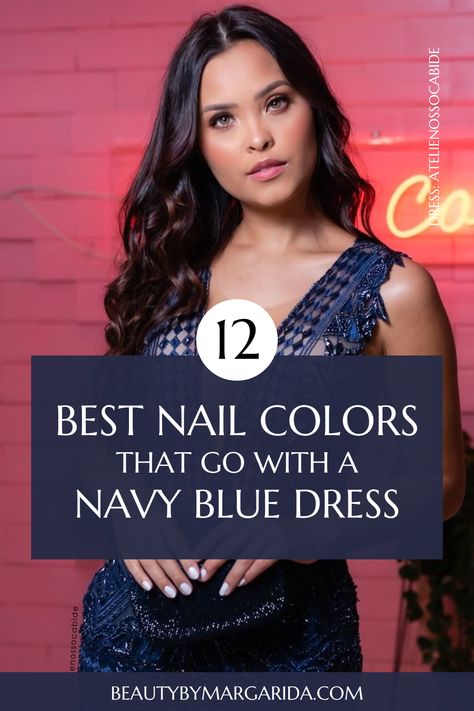 Not sure what color nail polish to wear with a navy blue dress? If that’s your case, don’t worry! Whether for a wedding or a laid-back party, I’ve got you covered with the best nail color suggestions to make you look your absolute best! Dress: Ateliê Nosso Cabide Best Nails For Navy Dress, Navy Blue Dress With Accessories, Jewelry For A Navy Blue Dress, Hairstyles For Blue Dresses, Nail Art For Blue Dress, Nail For Navy Blue Dress, Formal Navy Dress Accessories, Nails For Evening Party, Mother Of Bride Nails Navy