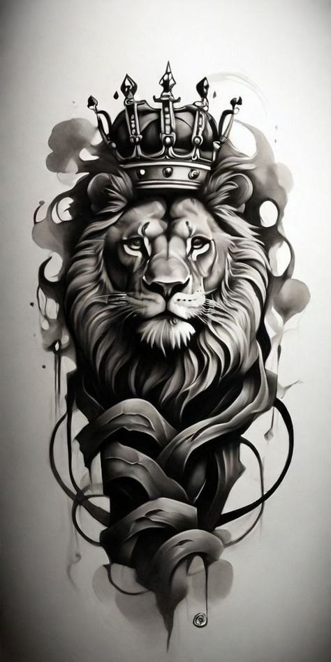 Lion With Crown Tattoo Design, Lion With Crown Tattoo, Lion With Crown, Lion Art Tattoo, Tiger Tattoo Sleeve, Lion King Tattoo, Tiki Tattoo, Lion Tattoo Sleeves, Christ Tattoo