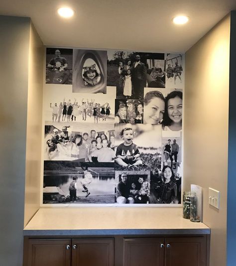 Photo Collage Repositionable Wallpaper Mix Tile Photo Wall Ideas, Diy Photo Collage Wall, Photo Wall Collage Bedroom, Canvas Photo Collage, Pictures Of Family, Repositionable Wallpaper, Photo Collage Diy, Photo Wall Display, Custom Photo Wallpaper