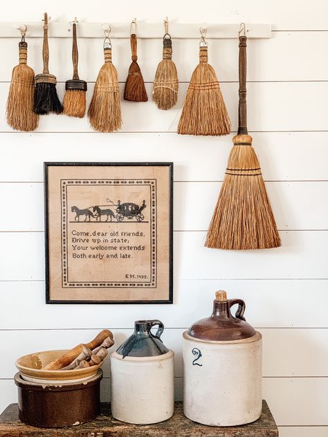 Antiques I Will be Searching For This Year - MY WEATHERED HOME Make Shelf, Antique Farmhouse Decor, Whisk Broom, Fall Coffee Table, Brooms And Brushes, Kitchen Counter Decor, Country Cottage Style, Ball Jars, Antique Bottles