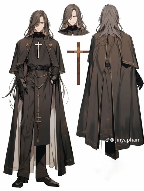 Priest Outfit Drawing, Fantasy Priest Outfit, Anime Priest, Priest Character Design, Priest Oc, Beige Trench Coat Outfit, Priest Outfit, Nyc Fits, Gothic Men