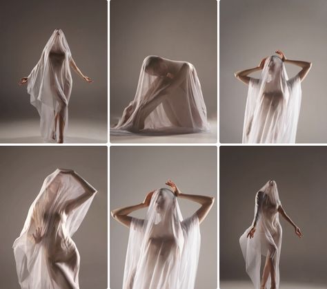 Fabric Over Face Photography, White Concept Photoshoot, Wet Sheet Photoshoot, Wet Fabric Photoshoot, Sheer Clothing Style, Grey Backdrop Photoshoot, White Dress Photoshoot Photo Ideas, Sheer Fabric Photoshoot, Minimalistic Photoshoot