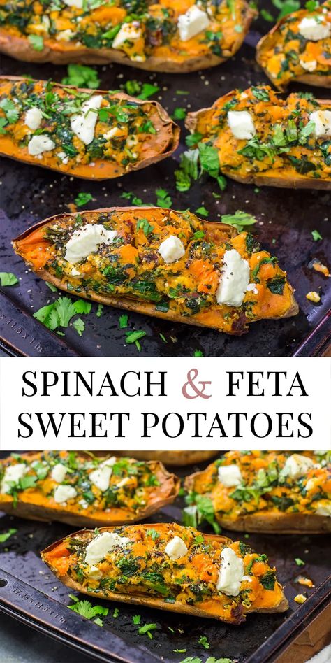 These Spinach and Feta Stuffed Sweet Potatoes are flavorful and easy. They're a great side dish when you want to mix things up a bit! Sweet Potato And Feta Recipes, Spinach And Potato Recipes, Sweet Potato Snacks, Stuffed Sweet Potato, Sweet Potato Pie Southern, Sweet Potato Recipes Baked, Twice Baked Sweet Potatoes, Stuffed Sweet Potatoes, Sweet Potato Recipes Casserole