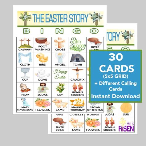 The Easter Story Bingo Game - Fun for the Whole Group or Family! The Easter Story Bingo set includes 30 different cards. INSTANT DOWNLOAD - 2 Game cards per 8 1/2 x 11 page - Print at any copy or photo store. Recommend printing on cardstock. Call List Included. The perfect way to get everyone involved at your party or group gathering. Multiple ways to play: First person to get one row, a diagonal row, four corners or fill the game card. Add prizes for the winners! Christian Bingo, Easter Bingo Cards, Holiday Bingo Cards, Holy Week Activities, Easter Bingo, Holiday Bingo, The Easter Story, Cross Candles, Bingo Template