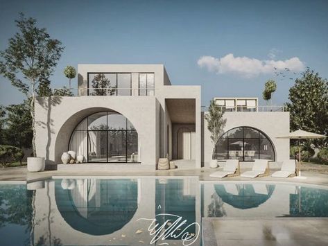 Unique Villa Design, Organic Modern House Exterior, Modern Mediterranean Facade, Emirati House, Emirati Architecture, Organic Modern Architecture, Mediterranean Architecture Modern, Bloxburg Villa, White Modern House Exterior