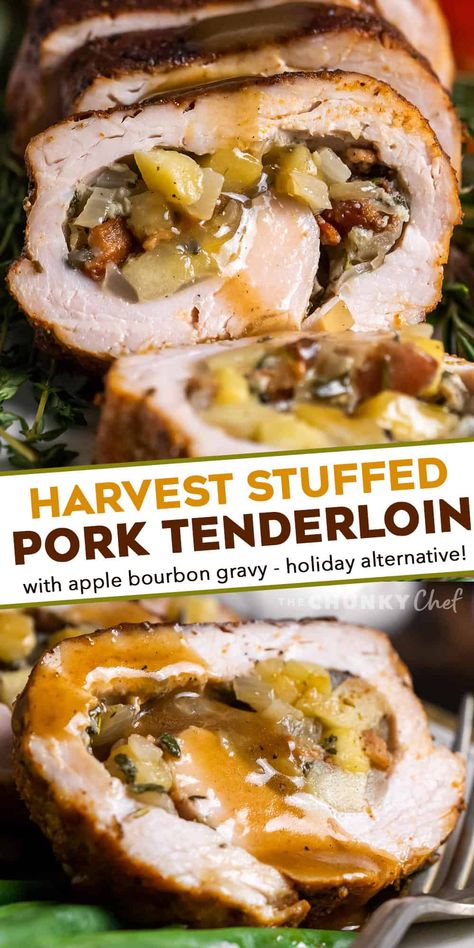 This Stuffed Pork Tenderloin with Apple Bourbon Gravy is the perfect alternative to a huge turkey on your holiday menu! Juicy pork wrapped around a sweet and savory filling made from apples, onions, bacon and herbs, roasted, then smothered in an apple cider bourbon gravy that is out of this world delicious. #pork #tenderloin #holiday #stuffed Thanksgiving Pork Recipes, Gourmet Pork Recipes, French Onion Stuffed Pork Loin, Pork Loin Recipes Stuffed, Savory Apple Dishes, Fall Pork Tenderloin Recipes, Stuffed Pork Tenderloin Recipes, Bourbon Gravy, Apple Cider Bourbon