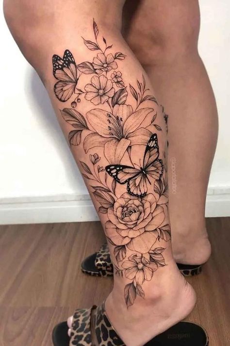 Calf Tattoos For Women, Flower Leg Tattoos, Purple Tattoos, Shin Tattoo, Flower Thigh Tattoos, Ankle Tattoos For Women, Girl Arm Tattoos, Beautiful Flower Tattoos, Leg Tattoos Women