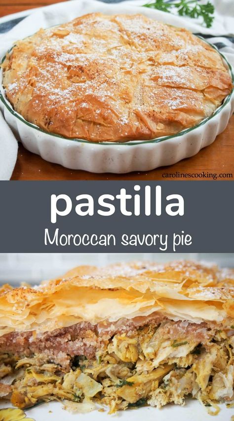 Pastilla is a classic Moroccan pie and what a pie it is - packed with aromatically spiced meat, crisp pastry and a touch of sweet. And with my tweaks, it's a great use of leftovers, too. #moroccanfood #leftovers #chicken #turkey #thanksgiving #christmas Phyllo Savory Recipes, Moroccan Pastilla Recipe, Chicken Pastilla Moroccan, Simple International Recipes, Chicken Pies Recipes, Savoury Pie Recipes, Moroccan Pie, Moroccan Pastilla, Leftover Chicken Ideas