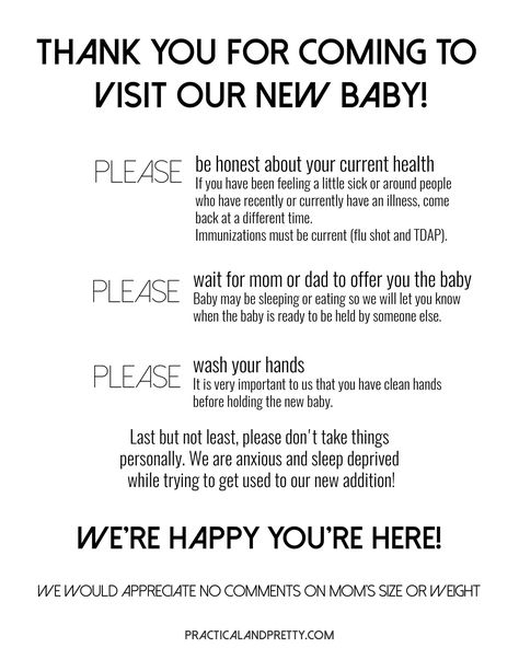 Newborn Visitor Instructions Printable - Practical and Pretty Rules For Newborn Visitors, Newborn Rules For Visitors, Rules For Visiting A Newborn At Home, Baby Visiting Rules Sign, New Baby Rules For Visitors, Newborn 101, Baby Delivery, Pregnancy Checklist, Pumping Moms