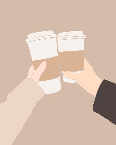 Two coffee to go mugs in a cheers drawn in a minimalist style with neutral solid colours. Digitally drawn illustration. Coffee Drawing Aesthetic, Cheers Illustration, Latte Illustration, Cheers Coffee, Coffee Digital Art, Coffee Cup Drawing, Latte Aesthetic, Bubble Tea Shop, Coffee Cup Art