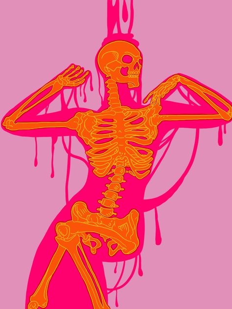 Hot Pink Skeleton Aesthetic, Skeleton Wall Mural, Neon Skeleton Art, Colorful Skeleton Art, Neon Skeleton Wallpaper, Neon Art Drawings, Neon Halloween Aesthetic, Skeleton Line Art, Neon Vampire