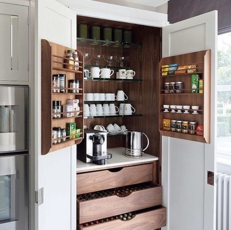 Coffee Station Larder, Coffee Machine In Pantry, Toaster In Cupboard, Breakfast Larder Cupboard, Tea And Coffee Station Kitchen Cupboard, Mudroom Coffee Station, Hidden Breakfast Bar, Breakfast Cupboard Coffee Stations, Hidden Tea And Coffee Station Kitchen