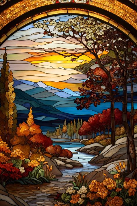 Faux stained glass window of autumn scenery Glass Art Ideas, Faux Stained Glass Window, Stain Glass Window Art, Simple Oil Painting, Glass Painting Patterns, Stained Glass Quilt, Glass Window Art, Tiffany Stained Glass, Fallen Leaves