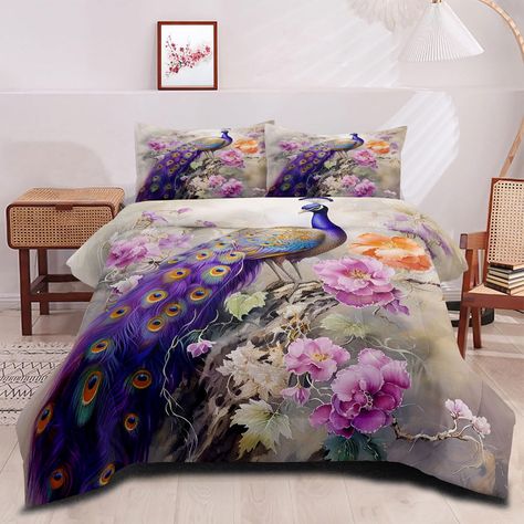 PRICES MAY VARY. 【What You Will Get】: King comforter set includes 1 comforter (104" x 91") and 2 pillowcases(20" x 36"). Package is filled with vacuum seal, so it is recommended to dry in the sun and pat lightly to make it fluffy again 【Purple Peacock Design】: Decor your bedroom with grey bird floral and purple peacock comforter set. Lightweight medium thickness comforter is not only a fashionable bedding sets but also a great home bedroom decoration. You may also use this comforter set for gues Peacock Bedding, Cama Queen Size, Floral Bedding Sets, Beautiful Peacock, Peacock Pattern, Floral Bedding, Pillowcase Pattern, Luxury Bedroom, Bed Sets