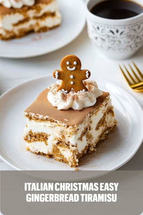 A fun holiday twist on tiramisu, layered with spiced mascarpone and gingerbread, perfect for festive gatherings. Christmas Dessert Tart, Christmas Tiramisu Decoration, Christmas Desserts Gingerbread, Cold Christmas Desserts, Flavored Tiramisu, Tiramisu Christmas, Light Christmas Dessert Recipes, Light Holiday Desserts, Fancy Christmas Desserts